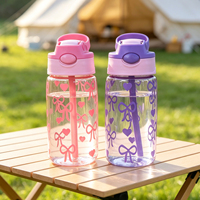Bouteilles d'eau transparentes de 500 ml/16,9 oz imprimées avec motifs mignons d'amour et de nœuds, équipées d'une paille, pour enfants, vente en gros au choix