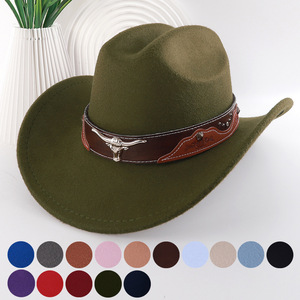 Zhenxi Cowboy <b>Hat</b> Solid Color Polyester Artistic Retro With Metal Ornament <b>Band</b> For Fashion Accessories - Product Image 4