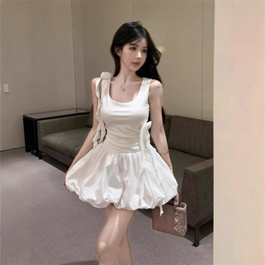 White Halter Neck Vest <b>Dress</b> For Women <b>Elastic</b> Waist A Line Skirt Breathable Daily Casual Style - Product Image 2