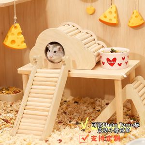 Plataforma de madera para hámster con escalera y escondite para mascotas pequeñas, uso en interiores. - Product Image 1