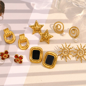 Pendientes de tuerca vintage Chapado en oro de 18 quilates/chapado en oro rosa pendientes de declaración geométricos de acero inoxidable para mujer - Product Image 1
