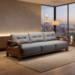 Teak <b>Wood</b> 3 Seater <b>Sofa</b> Midcentury Modern Design with Curved Armrest Eco-Friendly Durable <b>for</b> Living Room Furniture - Product Image 2