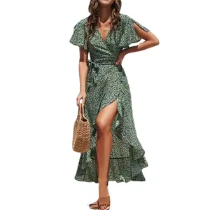 2023 hot sale European and American sexy V-neck irregular high waist lace-up print women dress