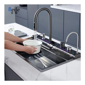 Rubinetto da <span class=keywords><strong>Cucina</strong></span> Multifunzionale Nano Nero-Grigio con <span class=keywords><strong>Doppio</strong></span> Getto a Cascata, Display Digitale, Doccetta Estraibile e 7 Funzioni - Product Image 1