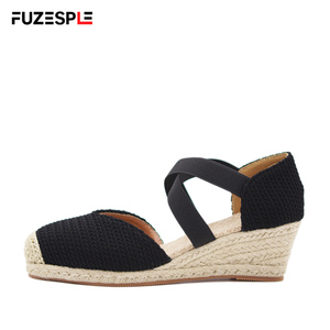 Sandales d'été en lin pour femmes, style pêcheur, avec talons compensés de 6 cm, bandes élastiques, <span class=keywords><strong>espadrilles</strong></span> en paille, sandales d'été pour femmes - Product Image 2
