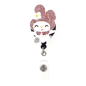 Pink Rabbit Bunny Design Metal Plastic Bling Crystal Badge Holder strass retrattile ID Badge Reel con Clip a coccodrillo