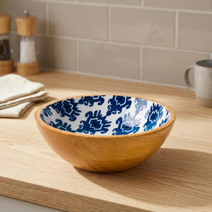 Cuenco de madera con interior de esmalte floral azul, perfecto para aperitivos y ensaladas, elegante, duradero, Ideal para mesa de comedor y regalos - Product Image 1