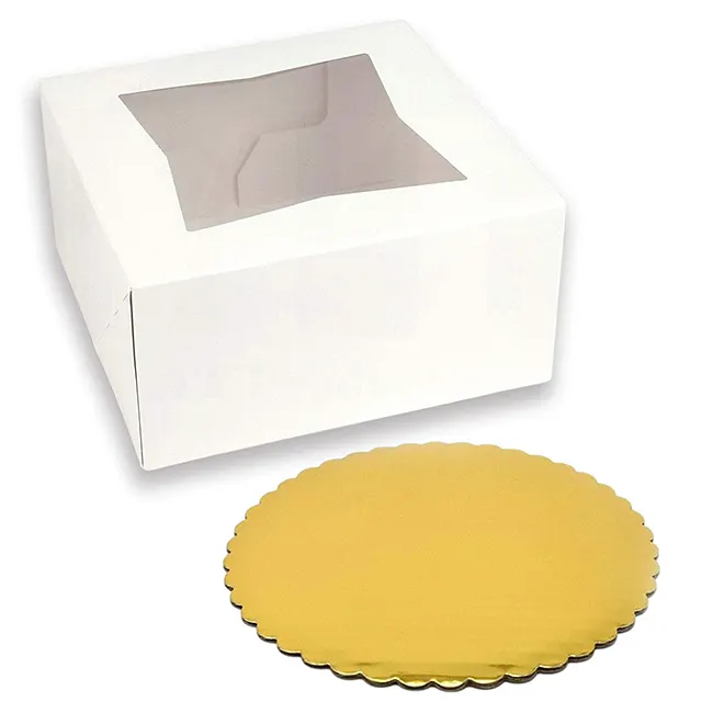 6x6x3インチホワイトオートポップアップパイボックス窓付きの小さなケーキボックスと6インチのラウンドゴールドケーキベースサークルボード