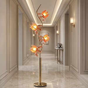 Lampadaire décoratif artistique à 4 lumières, abat-jour en forme de fleur de lotus, tige dorée courbée, lampe sur pied pour intérieur 4. - Product Image 2
