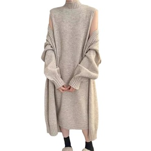 2026 Musim Gugur Musim Dingin Grosir Baru Set Rajut Elegan Dua Potong Wanita Cardigan Panjang Kerah Tinggi Gaun Midi Elegan Kasual - Product Image 5