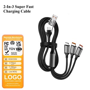 2-in-3超急速充電100Wケーブル、編組ナイロン製マルチポートUSB Type-C Micro 8ピン、EU/UK/US/AU対応携帯電話充電器 - Product Image 1