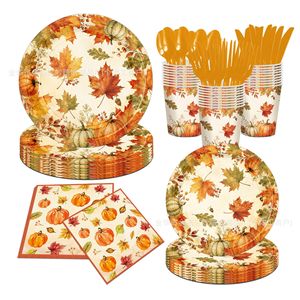 Vaisselle jetable pour fête de la récolte d'automne : assiettes, gobelets et serviettes en papier pour Thanksgiving et les réunions de famille - Product Image 1