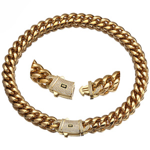 Collier Chaîne Maille Cubaine Monaco en Acier Inoxydable Plaqué Or 18K avec Fermoir CZ Sertis de <span class=keywords><strong>6</strong></span>-14mm, Bijou Hip Hop Tendance et Très Vendu - Product Image 2