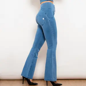 Calças lápis de cintura alta personalizadas de cor sólida, jeans justos para mulheres plus size, calças elásticas elásticas/