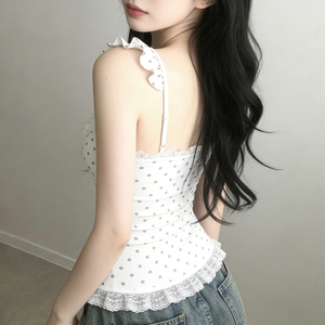 Débardeur Femme Y2K à Pois Doux avec Dentelle et Patchwork, Détail Nœud, Coupe Ajustée, Taille Cintrée, Esthétique Mignonne, Camisole - Product Image 5