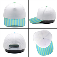 Gorra de Béisbol Personalizada con Visera Azul Verde a Rayas, Bordada, de 5 Paneles, con Cierre a Presión y Estampado de Rayas Verticales en la Visera