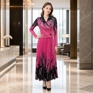 Abbigliamento Western da Donna, <span class=keywords><strong>Abito</strong></span> Lungo Stile Blazer a <span class=keywords><strong>Doppio</strong></span> <span class=keywords><strong>Petto</strong></span> con Stampa Artistica di Piume, Vestito Plissettato Miyake - Product Image 3