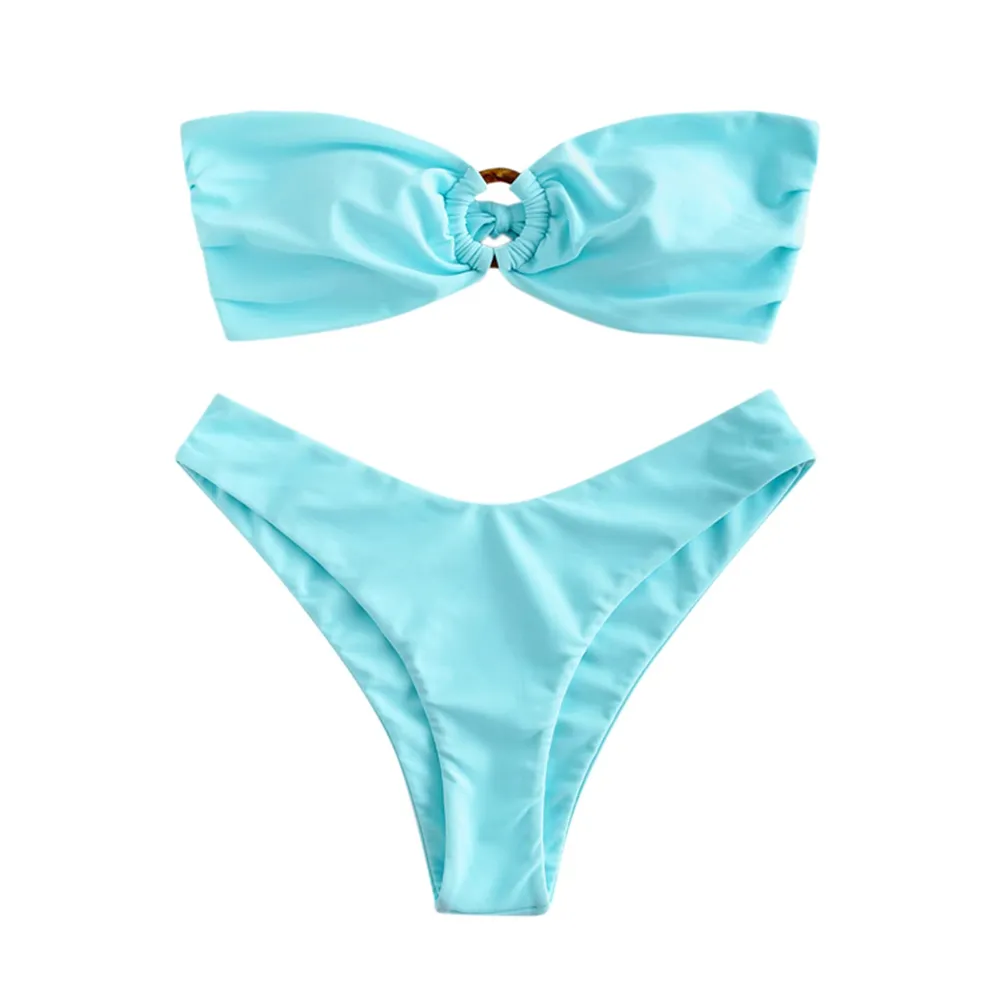 Personnalisé femmes Bandeau Bikini O Ring Sans Bretelles Cravate Dos Coupe Haute Deux Pièces Maillot De Bain Maillots De Bain Sexy Offre Spéciale