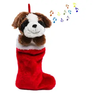 定制动物小狗头长毛绒袜子带音乐毛绒北极熊头圣诞挂袜