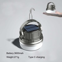 Lampe de camping solaire multifonctionnelle pour l'extérieur, 600 lumens, lanterne de type C rechargeable, projecteur solaire LED avec crochet