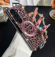 Coque de téléphone en diamant imprimé léopard brillant de luxe avec corde de Bracelet en cristal pour coque de téléphone Samsung ZFold 6 5 4 PC