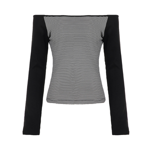Casual Streetwear <b>Off</b>-<b>Shoulder</b> <b>Long</b> <b>Sleeve</b> Jersey <b>Top</b> with Color-Blocked Striped Detail Slim Fit Versatile Women's T-Shirt - Product Image 6