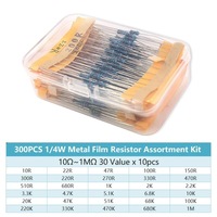 Kit Surtido de 300 Resistencias de Película Metálica de 1/4W, Tolerancia del 1%, Valores de Resistencia de 10-1M, 30 Valores Diferentes, 10 de Cada Valor en Bolsa