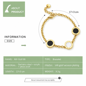 Women's Stainless Steel <b>Acrylic</b> White Shell Bracelet, Gold Tone Link Chain with Roman Numeral <b>Disc</b> Charms, Adjustable 17+3 cm - Product Image 2