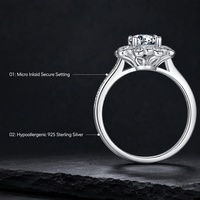 Cincin Moissanite Berlian Perak Sterling 925 dengan Hiasan Bunga Petal Teardrop Berkilau, Halo Floral, 1ct Round D VVS1 Micro Pave Band untuk Pertunangan