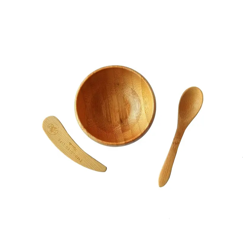 Cuencos de madera de bambú con espátula de bambú, cuencos para cosméticos, productos de belleza facial respetuosos con el medio ambiente