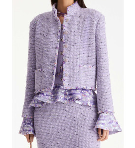 Conjunto de Traje de Tweed Elegante para Mujer, Bordado con Lentejuelas, Cristales y Perlas, Estilo Floral, Chaqueta de Tweed Lila con Lentejuelas de Algodón - Product Image 3