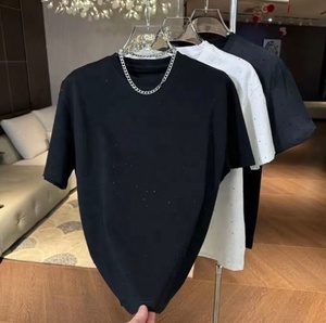 T-shirt en coton pour homme personnalisable, couleur unie, style décontracté ample, imprimé avec strass, coupe épaules tombantes - Product Image 2
