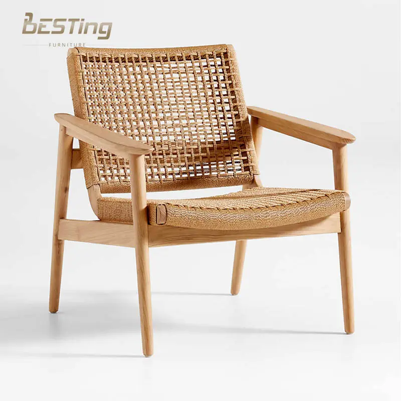 Novo produto nórdico com estrutura de madeira e assento de corda, poltrona de madeira para lazer, cadeira de balanço