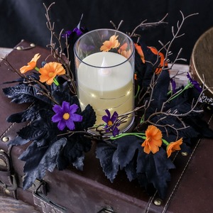 Ghirlanda per Candele di Halloween a Prezzo di Fabbrica con Foglie d'Acero Nere, Fiori Arancioni <span class=keywords><strong>e</strong></span> <span class=keywords><strong>Viola</strong></span> <span class=keywords><strong>e</strong></span> Rami per Centrotavola Spaventoso - Product Image 4