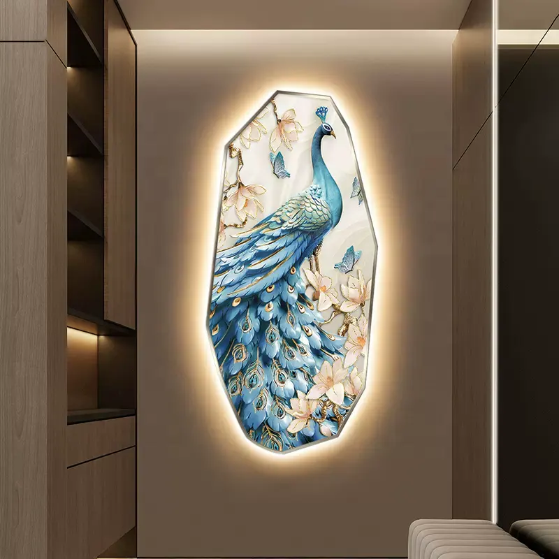 POLA Modern Minimalist Peacock Art Picture Living Room Crystal Porcelain Painting Home Led Light Background Wall Decoration