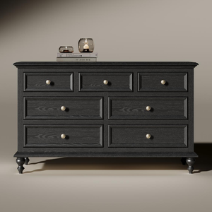 Commode en bois massif moderne à sept tiroirs, chêne blanc, pieds en forme de boule noirs, meubles de chambre à coucher en finition noire ou brune - Product Image 2