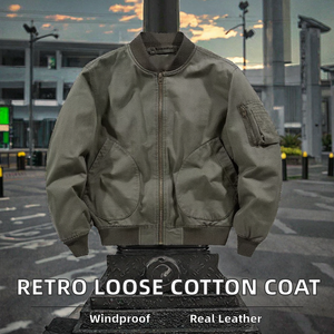 <b>Retro</b> Trendy Brand High Street Sheep Skin Zipper Bomber <b>Jacket</b> for Men and Women Spring Autumn Winter Cotton Canvas Fabric - Product Image 2