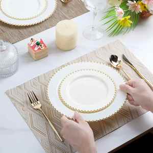 <b>Plastic</b> Wedding Plates with Gold Beads 7.5 10.5 13 Inch Heavy Duty Clear White Chargers for Bridal Banquet Decoration - Product Image 4