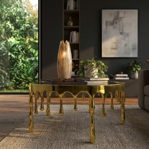 Designer's Modern <b>Round</b> Coffee <b>Table</b> With Brass Drip Base Glass Top Contemporary Living Room Furniture Decorative Metal Design - Product Image 5
