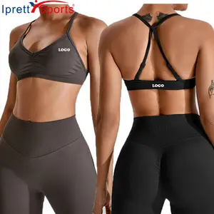 Custom Logo Fitness Crop Tops Adjustable Cross Back Women Tops Seamless Gym Push Up Sports Bra