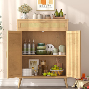 Buffet autoportant en bois et rotin avec 2 portes et grand tiroir organisateur d'armoire de rangement au sol pour la salle de bain - Product Image 5