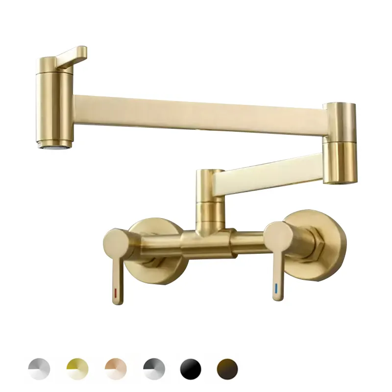 Brass Double Handle wall mounted gold Kitchen pot filler Folding faucet Joint Swing Arm Sink tap