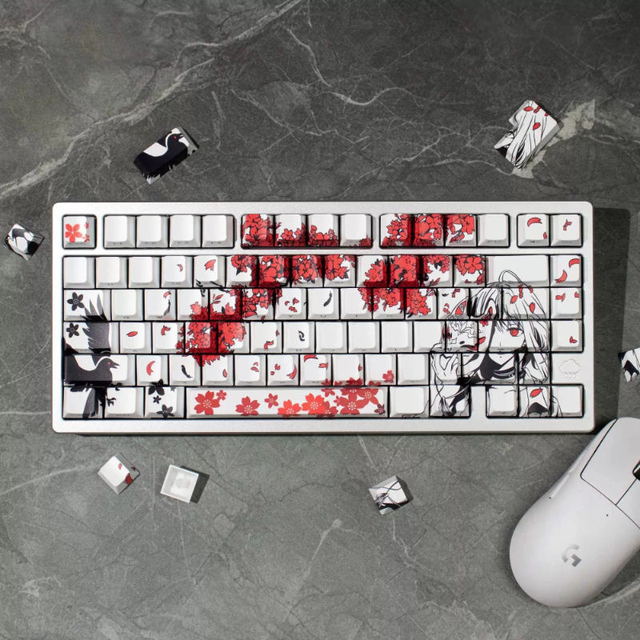 129 Raven Sakura Keycap Cherry Profile Cute Anime Keycap Double Shot Sidelit Shine Through PBT Keycap for MX Mechanical Keyboard