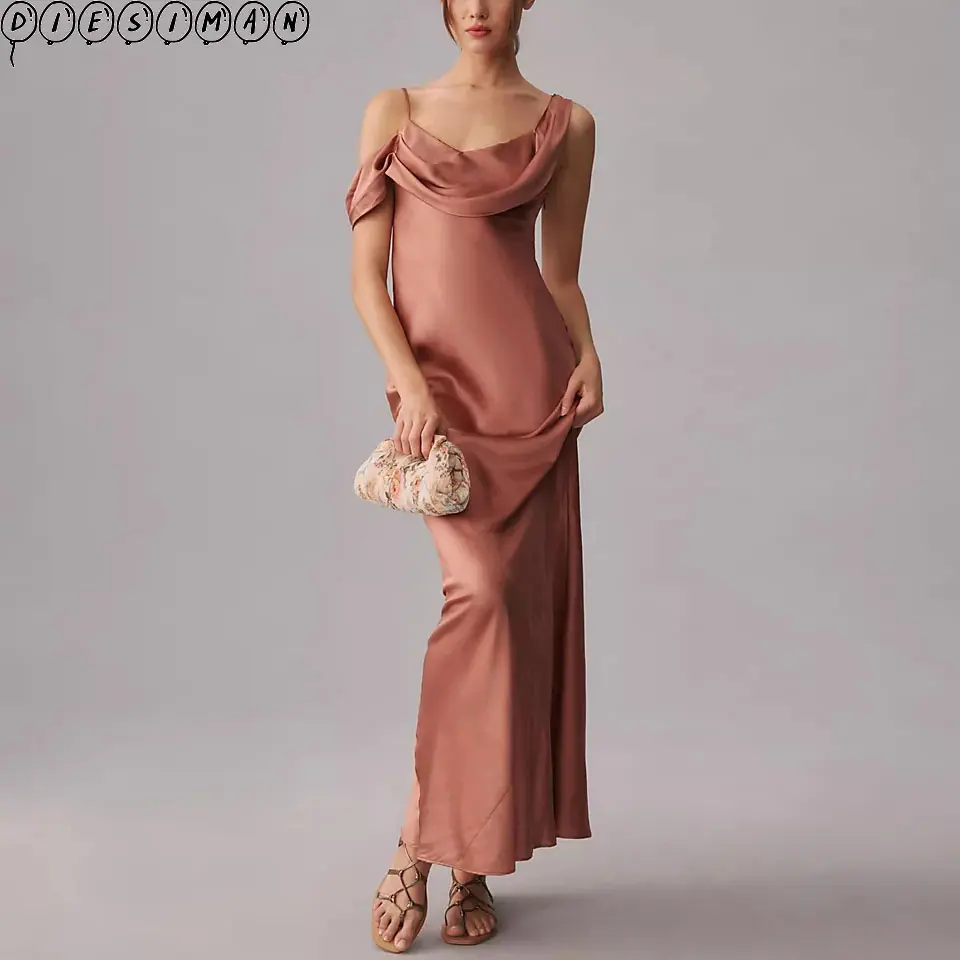 Disiman produttore designer summer brick red silk luxury elegant dress women wholesale custom light midi slip dress