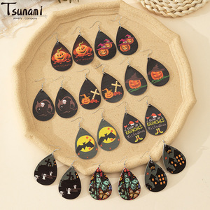 Tsunami Jewelry Halloween Christmas Printed PU Teardrop Drop Earrings For Women Party Fashion - Product Image 1