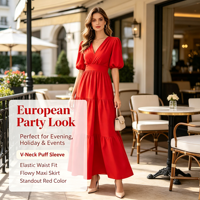 Robe longue maxi décontractée d'été pour femme, col en V, manches courtes bouffantes, taille haute, à volants étagés, pour plage et soirée, vêtements féminins ODMOEM