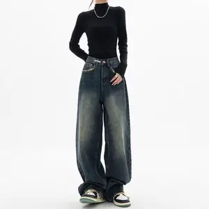 Streetwear celana panjang Denim Y2K wanita, celana Denim lurus longgar kaki lebar pinggang tinggi musim semi 2023