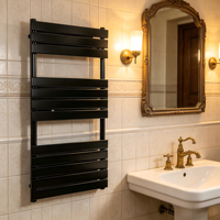 Radiateur de salle de bain hydronique mural en acier inoxydable noir mat, à panneau plat vertical, à économie d'énergie, pour serviettes chauffantes