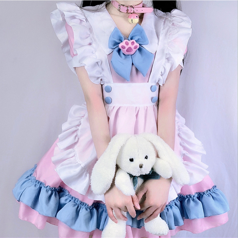 802 Pink and Blue [Skirt Apron Bow Cat Paw Headband]