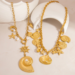 Collier Pendentif Coquillage Plaqué Or Style Européen et Américain, Thème Océan, Breloque Étoile de Mer, Bijou Quotidien - Product Image 1